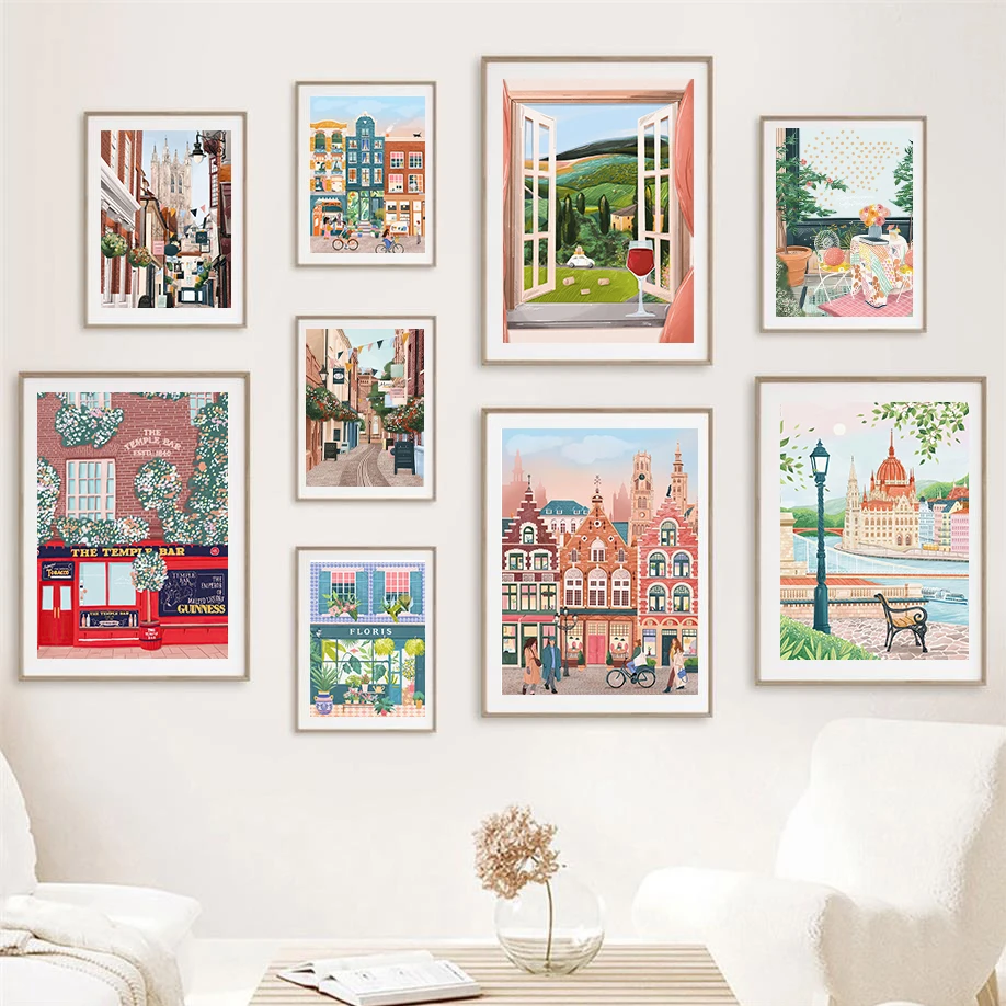 Street Fashion Europe - เมืองริมชายฝั่ง วิวสวยงาม ถนนพาณิชย์ ร้านซาลูน ภาพวาดสีน้ำ แฟชั่น