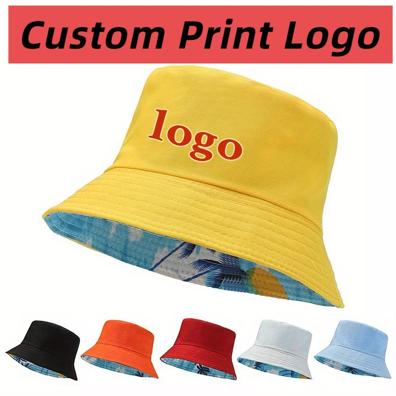 Baseball Cap Fitted - หมวกชาวประมงพิมพ์ลายโลโก้ตามสั่ง สีพื้น พร้อมลายต้นมะพร้าว พิมพ์สองด้าน แฟชั่นสำหรับผู้ชายและผู้หญิง หมวกปีกแบนกันแดด