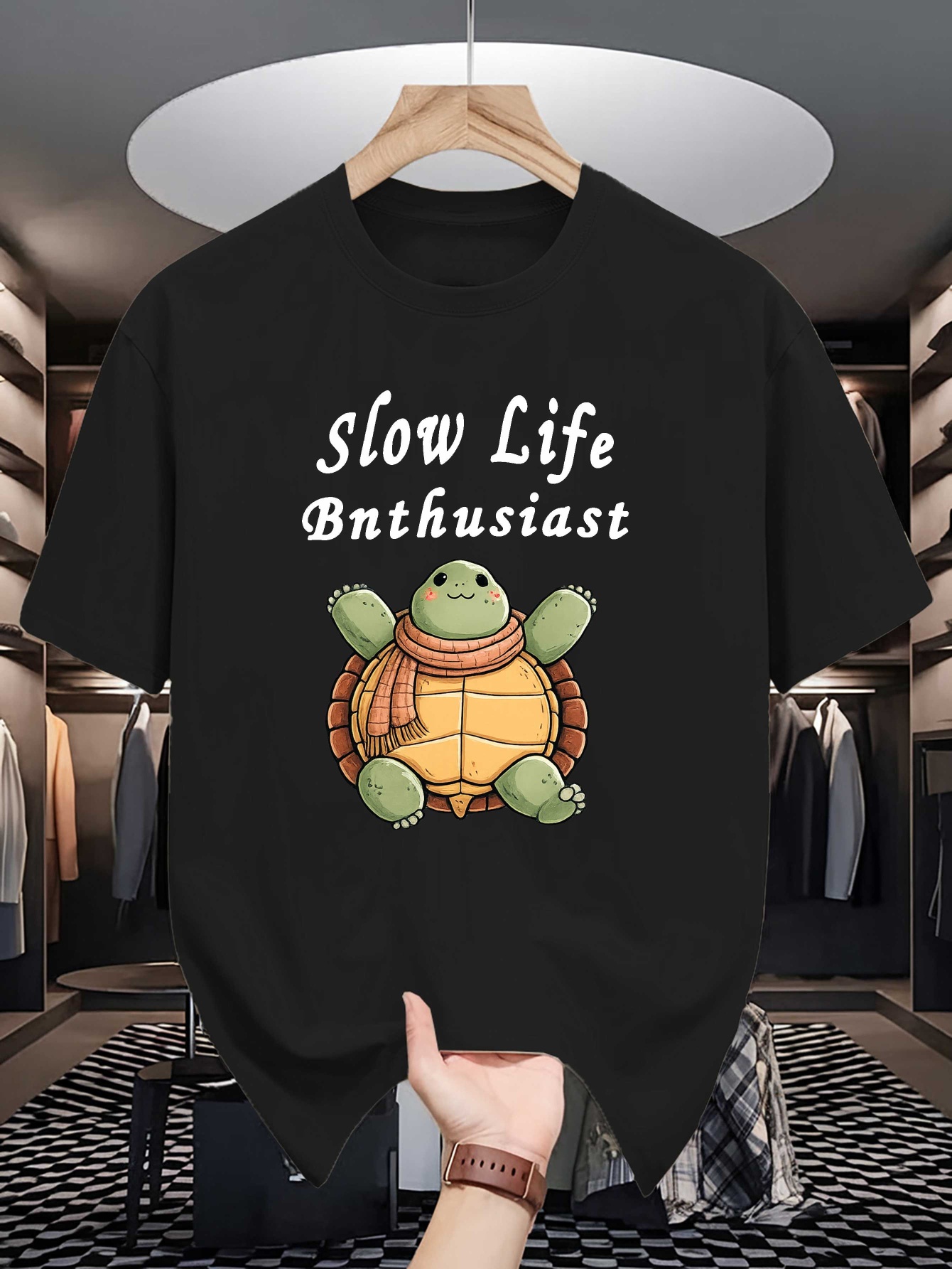 Street Fashion Quotes - เสื้อยืดสีน้ำเงินกรมท่าลายเต่าสุดน่ารัก พิมพ์ลายตัวอักษรคำคม Slow Life คอกลม แขนสั้น