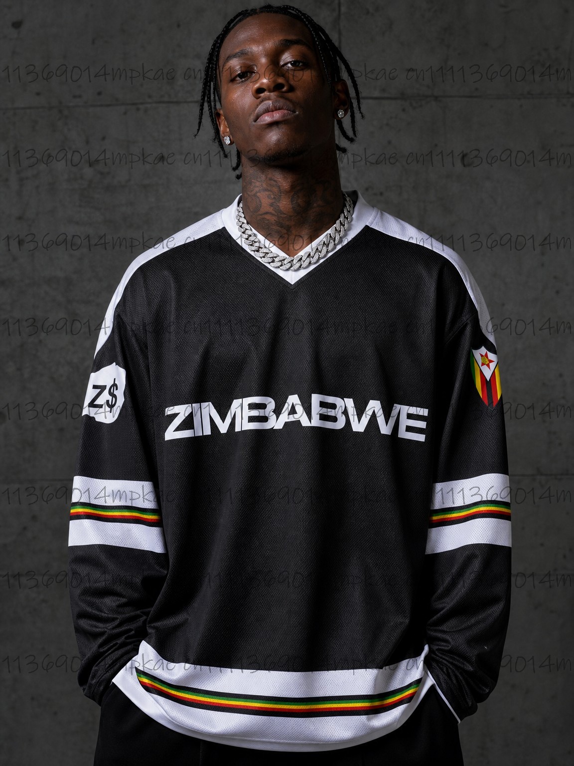 Fashion Streetwear - เสื้อยืดแขนยาวคอวีพิมพ์ลายซิมบับเวสำหรับผู้ชาย สไตล์ลำลองสำหรับฤดูร้อน สไตล์สปอร์ต ทันสมัย แฟชั่นแนวสตรีทแวร์ย้อนยุค