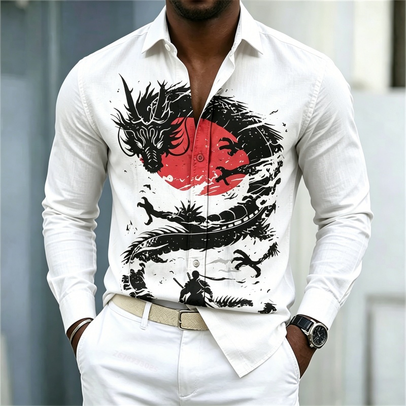 Fashion Streetwear - เสื้อเชิ้ตผู้ชายลายมังกรสีขาวดำแดงตัดกัน รุ่นใหม่ปี 2026 สไตล์สตรีทแฟชั่นลำลองธุรกิจ แขนยาว เสื้อผ้าผู้ชาย