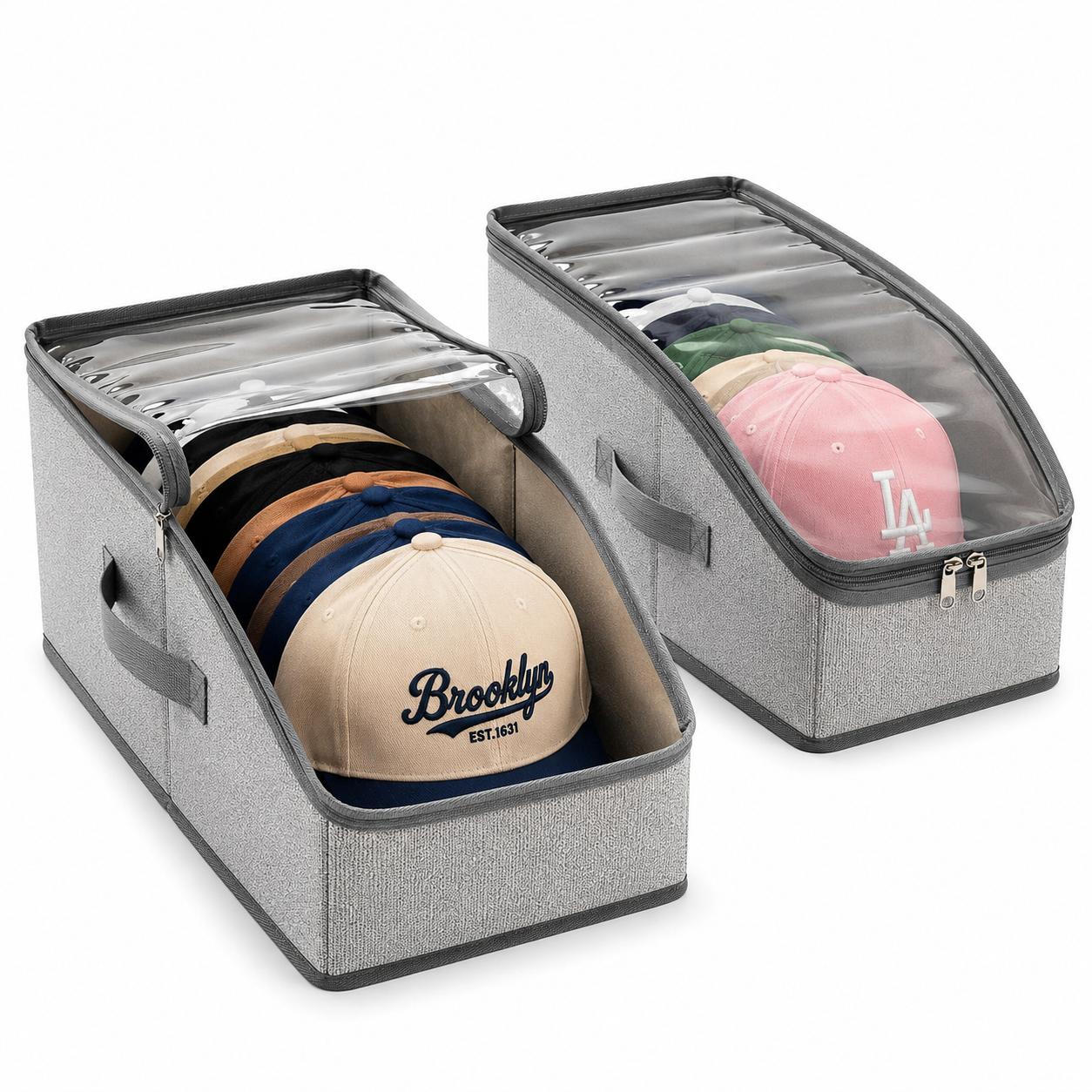 Baseball Cap Fitted - กระเป๋าเก็บหมวกเบสบอลพร้อมหน้าต่างใส พับเก็บได้ ซ้อนกันได้ กล่องเก็บหมวกกันฝุ่น ความจุขนาดใหญ่ สำหรับหมวกฟิตเต็ด