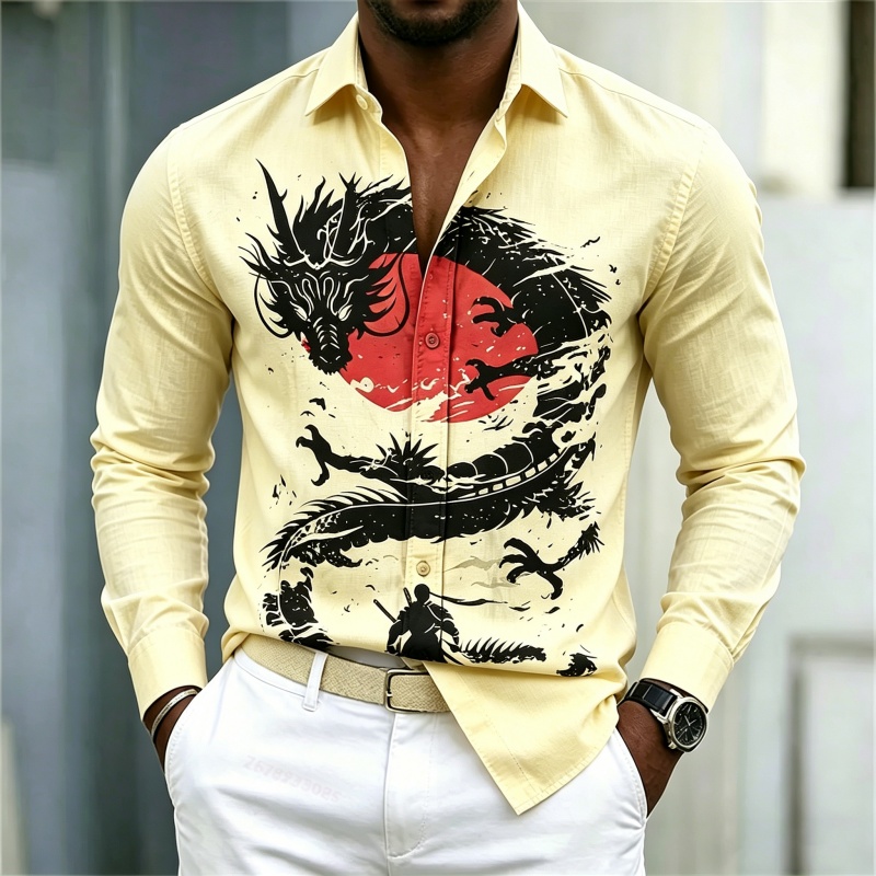 เสื้อเชิ้ตผู้ชายลายมังกรสีขาวด - Fashion Streetwear บทวิจารณ์และราคา