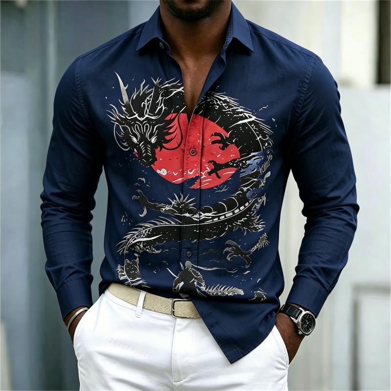 เสื้อเชิ้ตผู้ชายลายมังกรสีขาวด - Fashion Streetwear บทวิจารณ์และราคา